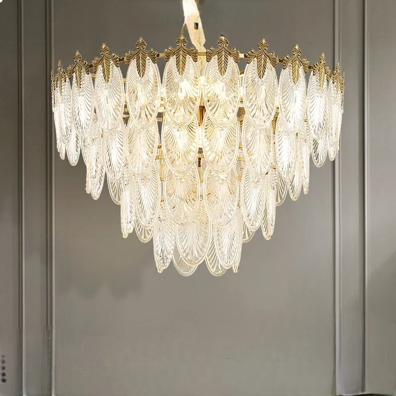 Art Deco Layered Glass Feather Pendant Light, French Style Living Room Bedroom Lighting Fixture, Elegant Home Decor Pendant Lamp