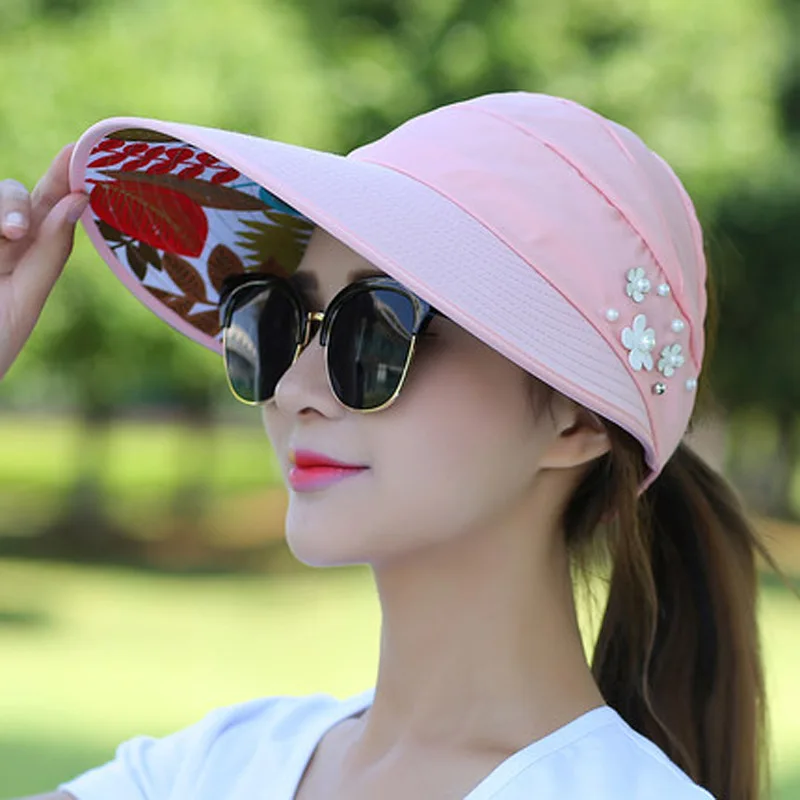 Sombreros de verano para mujer, sombrero plegable para el sol, visera de flor de perla, gorra flexible para mujer, gorra de béisbol informal para