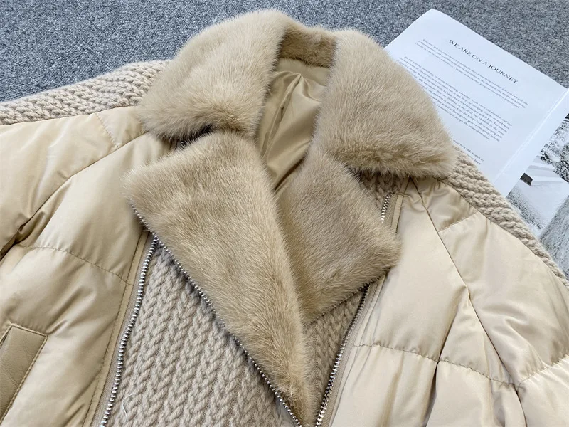 2022 novo estilo feminino moda real vison gola de pele malha costura couro real ganso branco para baixo casaco pele leve calor