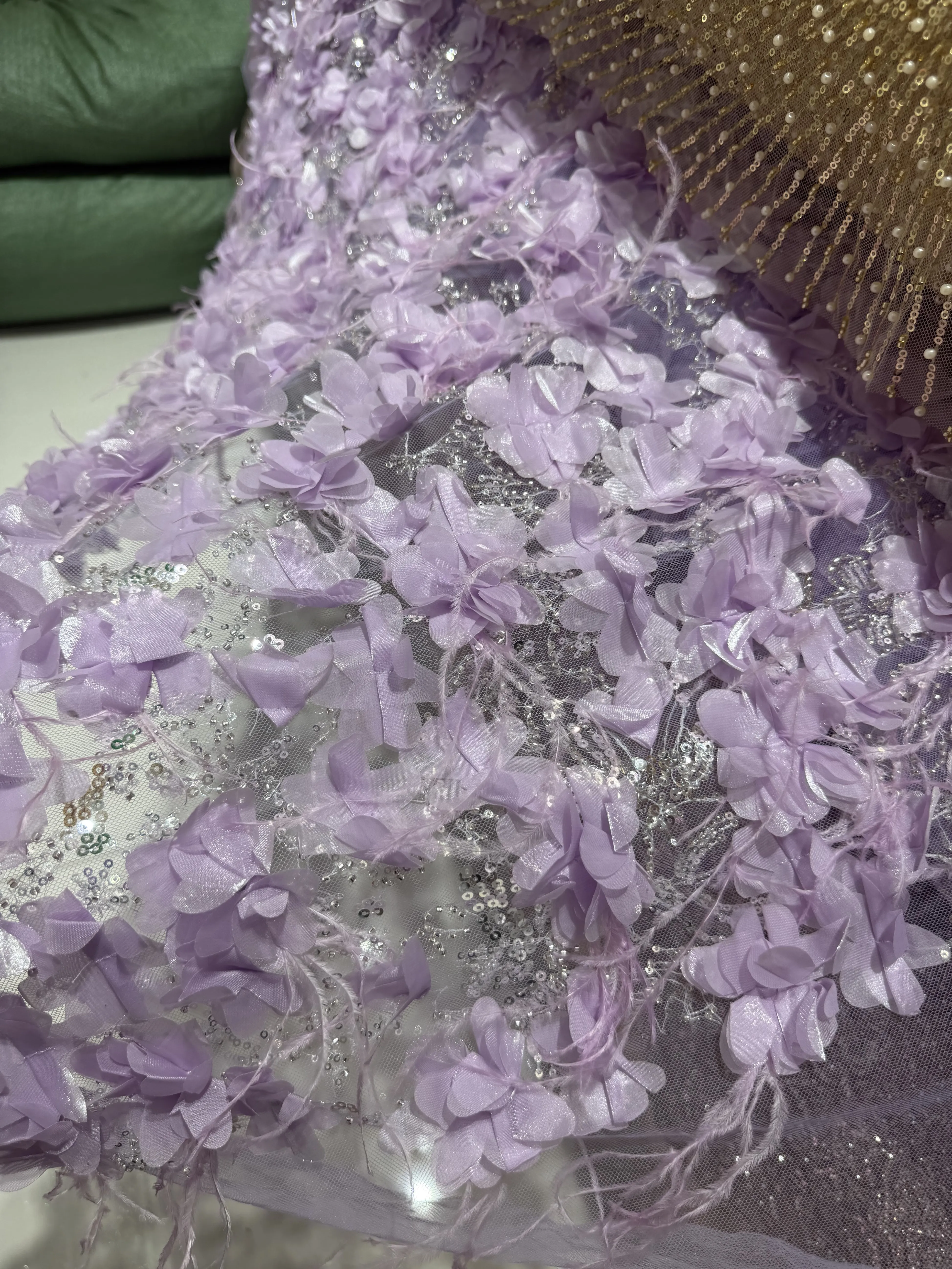 Exquisite Flowers White Fur Embroidery Gown Fabric Lace Transparent Mesh Sequins Fabric