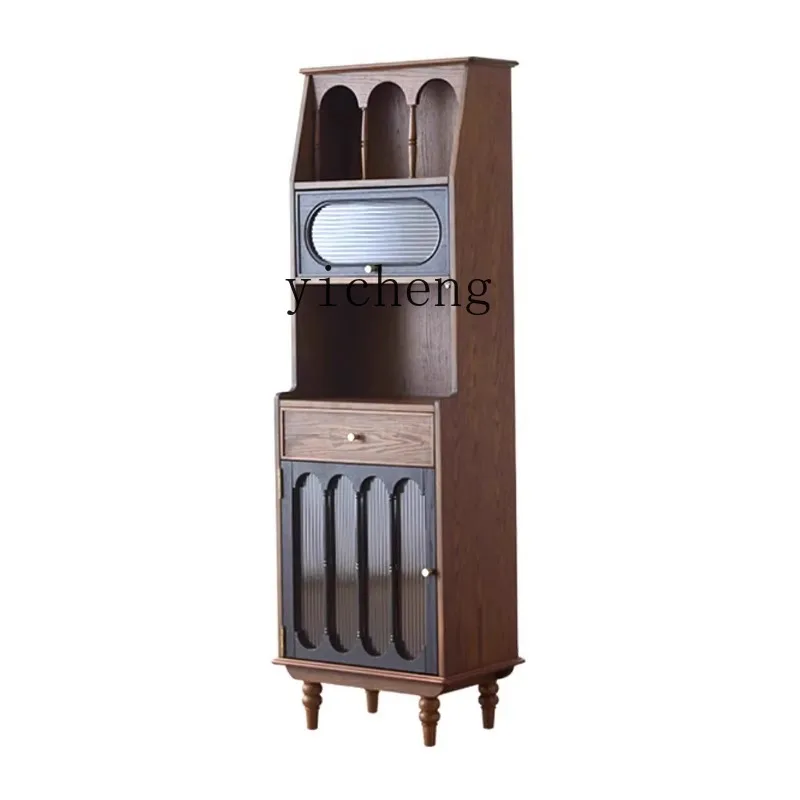 

HYS French retro solid wood wall integrated high cabinet living room wine cabinet small apartment narrow side tea cabinet