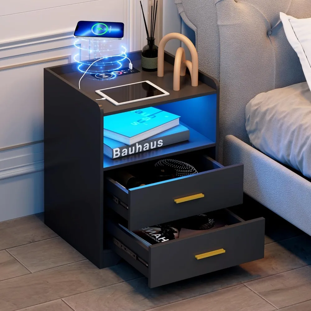 

Черная светодиодная тумбочка с зарядной станцией, современные прикроватные тумбочки с 24-цветной светодиодной подсветкой RGB, черная прикроватная тумбочка с умной подсветкой
