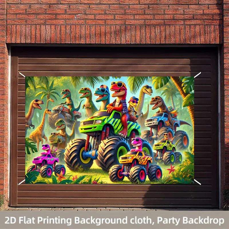 Dinosaur Monster Truck Tapestry, Kids Jungle Adventure Wall Hanging, Colorful Dino Car Room Decor, Fun Cartoon Poster for