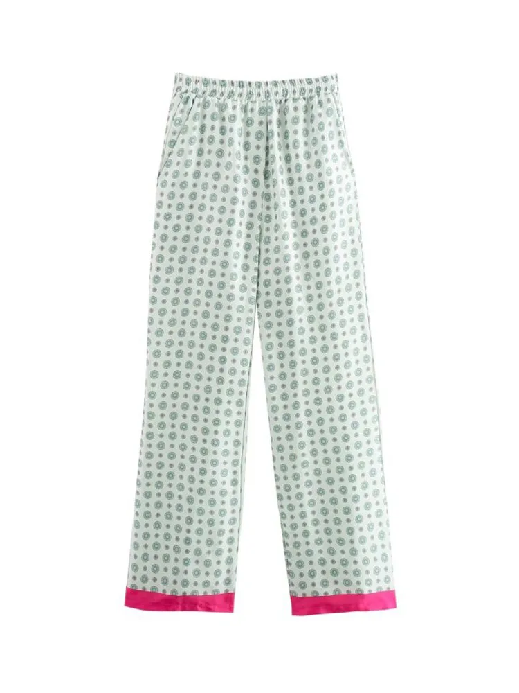 

Брюки женские атласные прямые с принтом, модные элегантные свободные штаны с эластичным поясом, уличная одежда, лето 2024