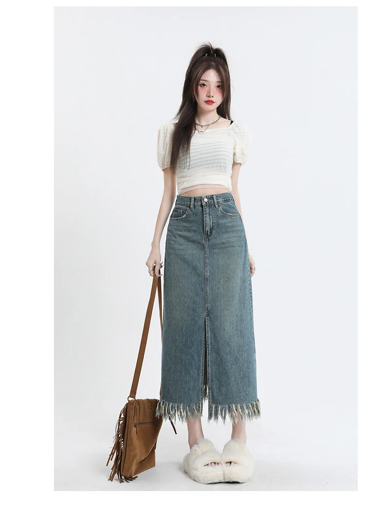 

Винтажные потертые синие джинсовые юбки для женщин, осенние повседневные универсальные платья с разрезом, модная юбка с высокой талией и кисточками