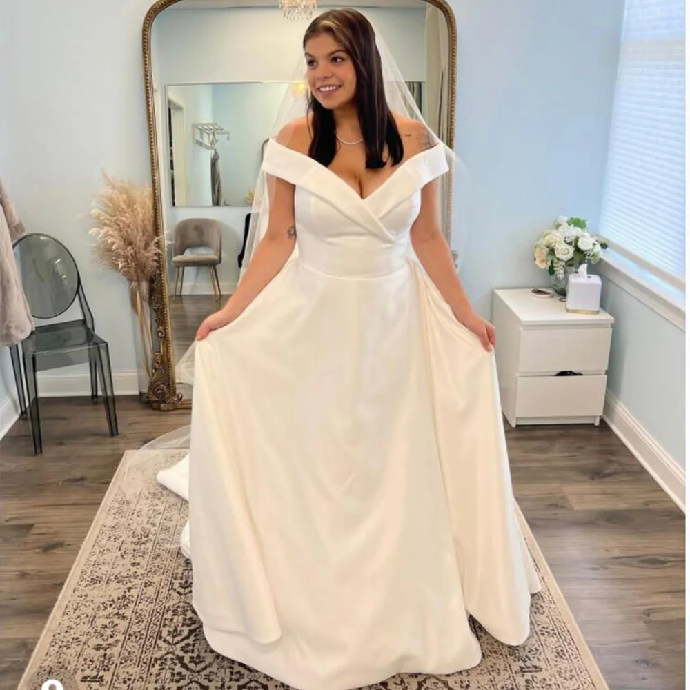 Fora do ombro simples vestido de casamento de cetim branco até o chão para as mulheres vestido de noiva até o chão elegante robe de mariee 2022