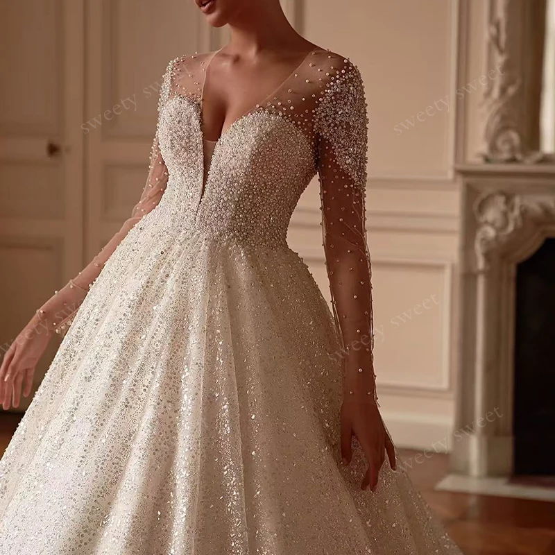 Robe De mariée gracieuse, broderie De perles, robe De bal, manches longues, col en v, bouton arrière personnalisé