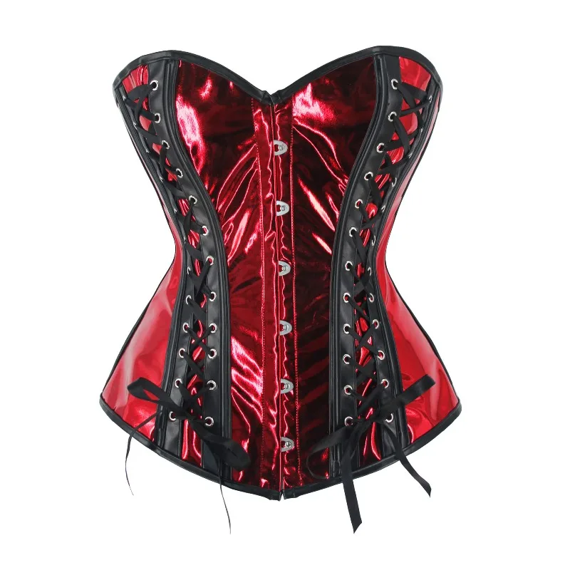 Corsetto in pelle PU argento Steampunk Top gotico con lacci Overbust Bustier Vita sottile Body Shapewear Donna Corsetto sexy Clubwear