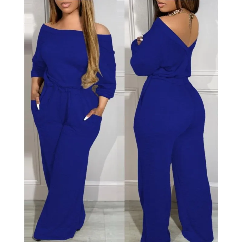 

Casual Jumpsuit Woman Sexy Fashion Solid Backless Elegant Fashion Spring Autumn Pocket Design Loose Wide Leg Pants Jumpsuits