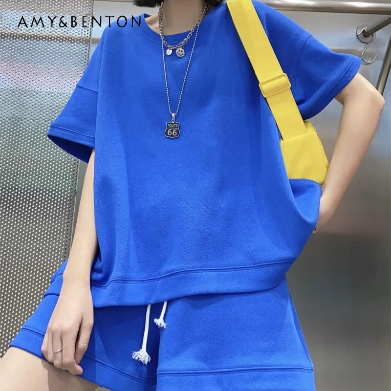 

Модный повседневный костюм для женщин: летняя свободная футболка с коротким рукавом и шорты с высокой талией, утягивающие спортивные шорты, комплект из 2 предметов