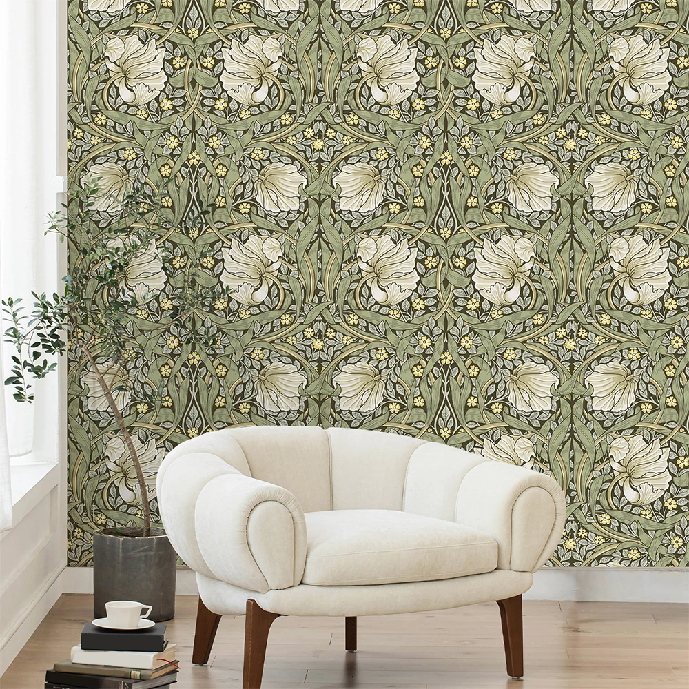 1pc Vintage Floral Self-adhesive Wallpaper Peel And Stick Botanical Sage Green/Yellow Wall Murals Home Kitchen Bedroom Decor