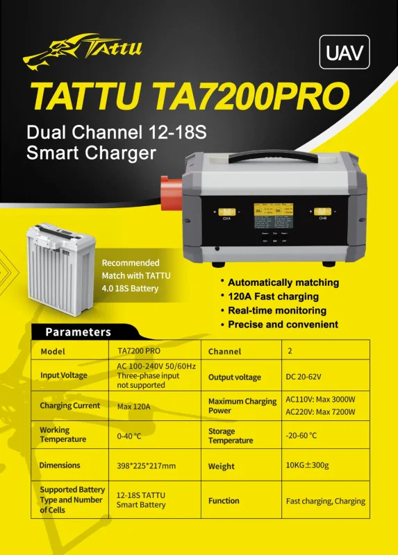 

TATTU TA7200 PRO 7200 Вт двухканальный 12S 14S 18S умное зарядное устройство для дрона Z50 50 кг 50 л рамка