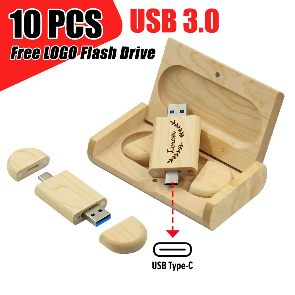 

10 шт./лот USB 3.0 флэш-накопитель TYPE-C 2 в 1 деревянный флэш-накопитель 8 ГБ 16 ГБ 32 ГБ 64 ГБ 128 ГБ бесплатный логотип свадебные подарки