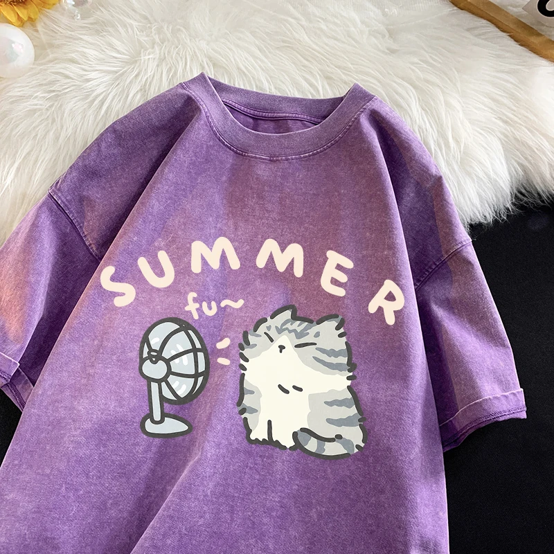 American Street Creative Blow Fan Cat Pure Cotton T-shirt Men Women Summer Relaxed Short Sleeve Couple Vintage Water Washing Top