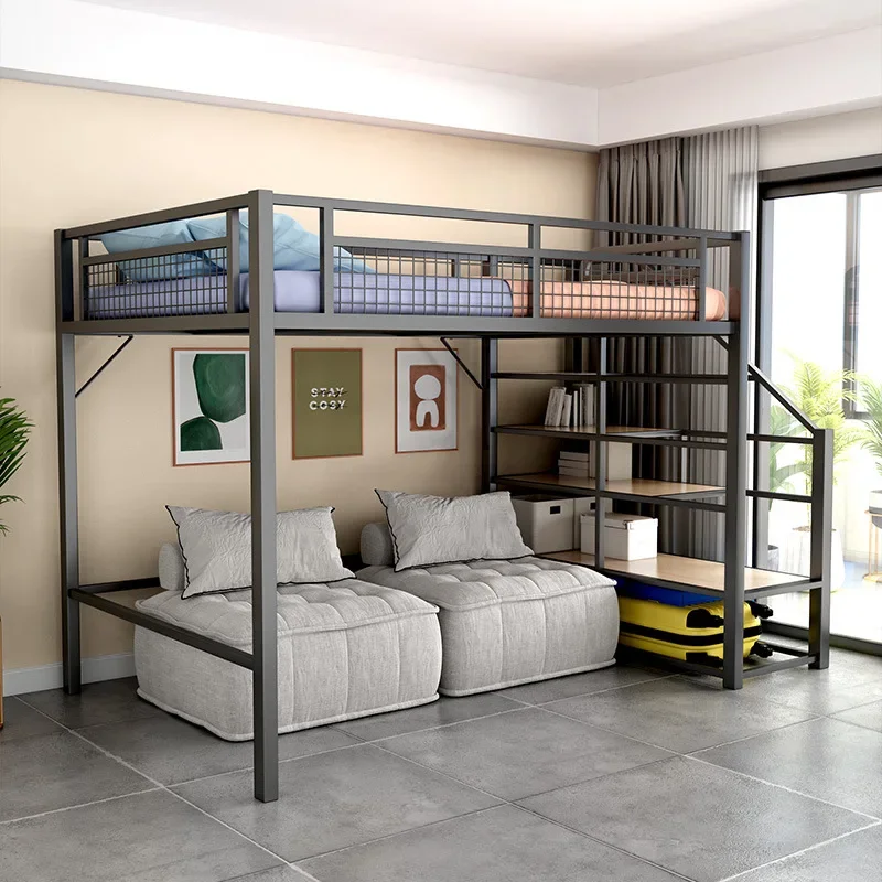 

Get on the bed and get off the table. Multifunctional wrought iron elevated bed. Small apartment loft saves space. bunk bed.