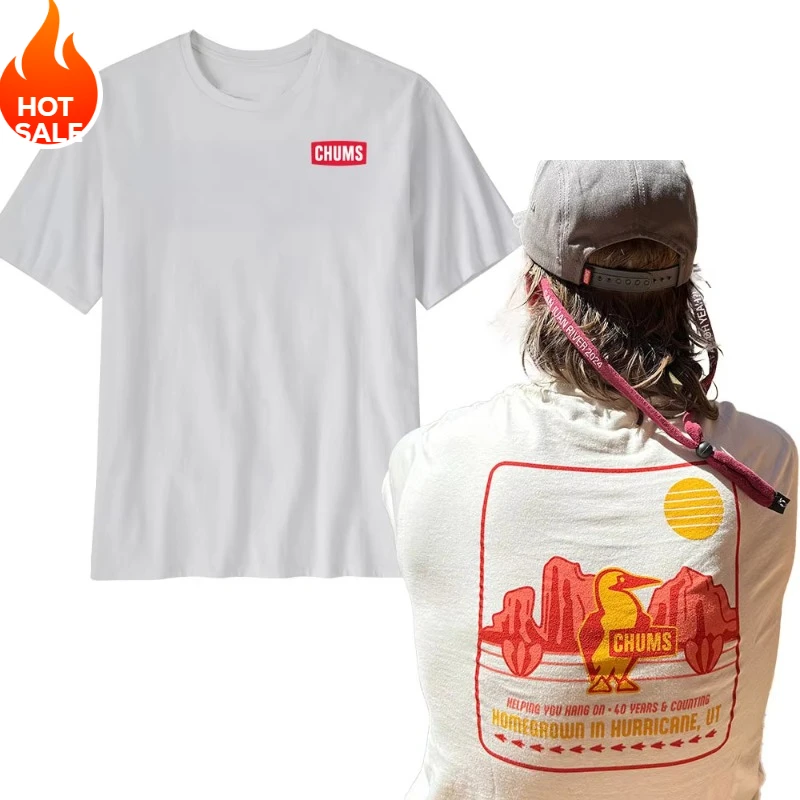 

2025 New Summer CHUMS American Outdoor Oversized Men's T-Shirt 100% Cotton Breathable Loose Fit Camping Hiking Sports Streetwear