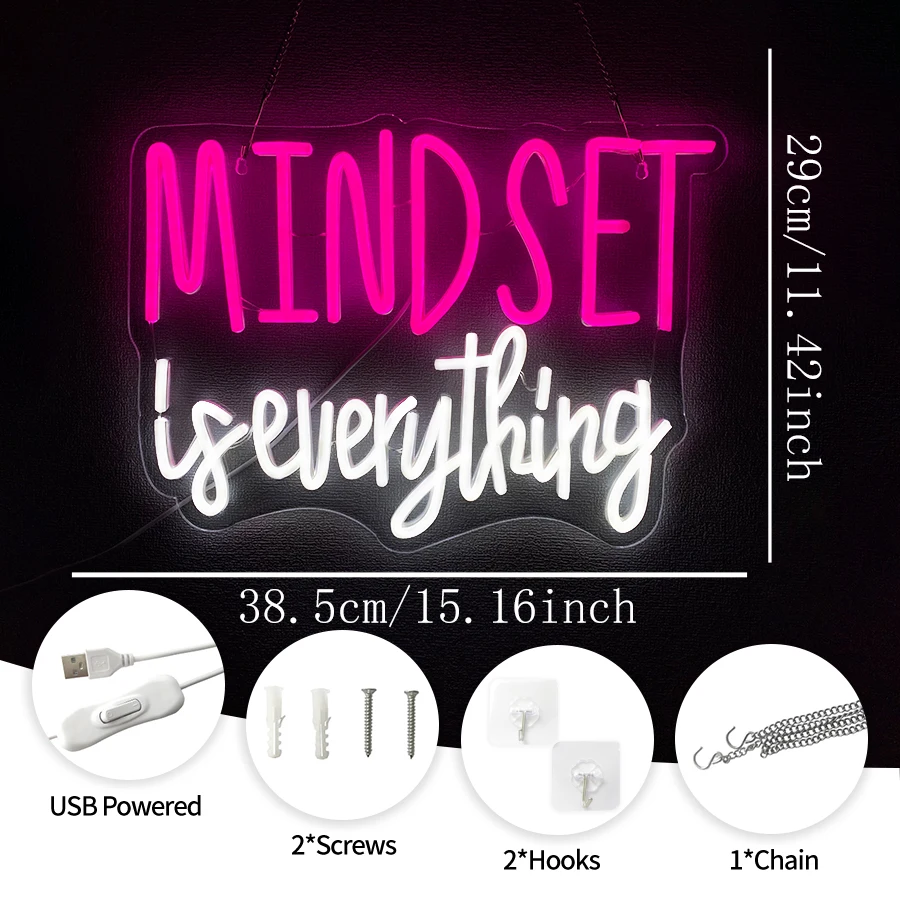 Mindset Is Everything Neon Sign For Wall Decor,Light Up Sign For Office,Bedroom,Studio,Game Room,Study Room,Gift For Friends