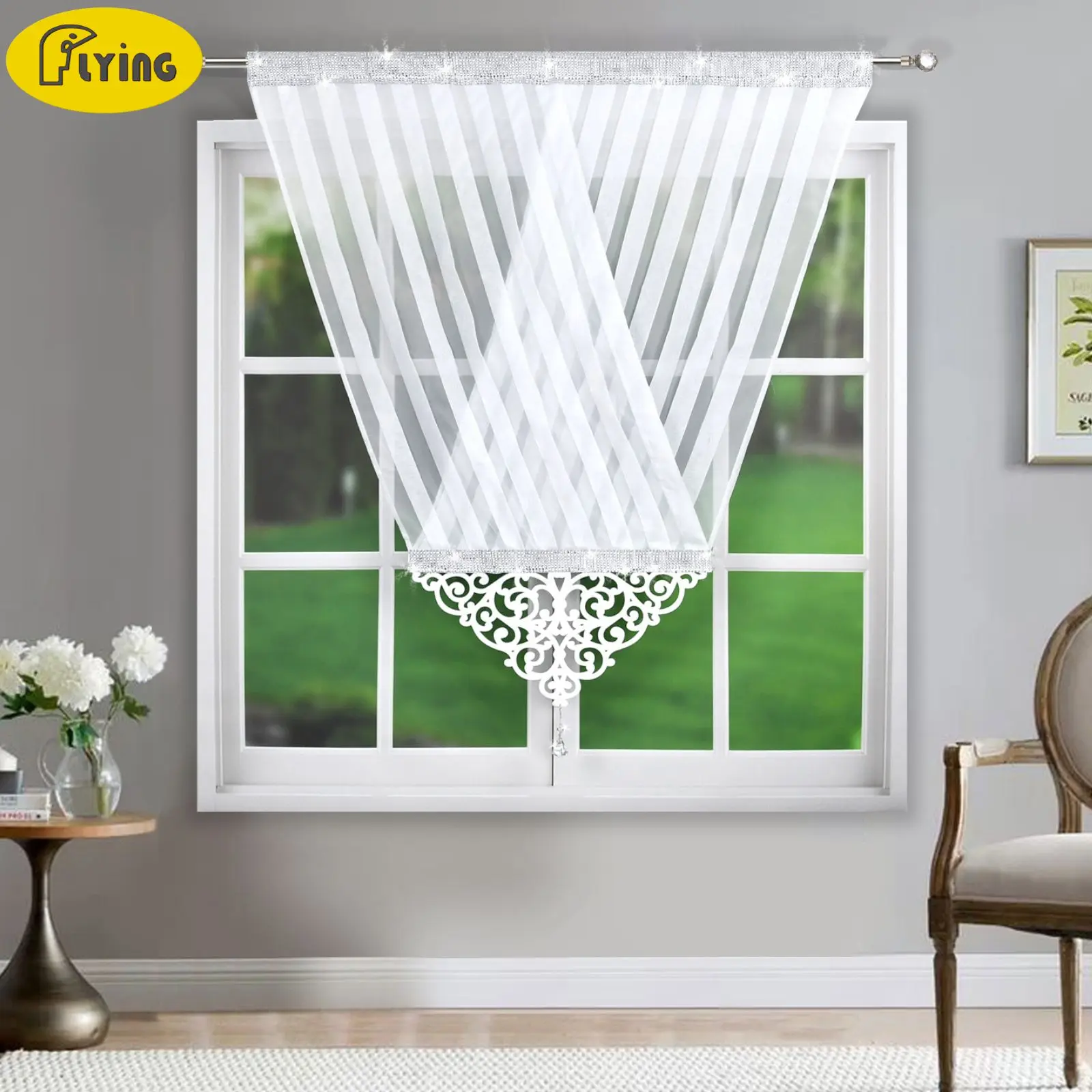 

FLYING Sheer Curtain Panel Hollow Out Design with Crystal Pendant Silver Line Diamond Drapes for Living Room,120x130cm,1pc