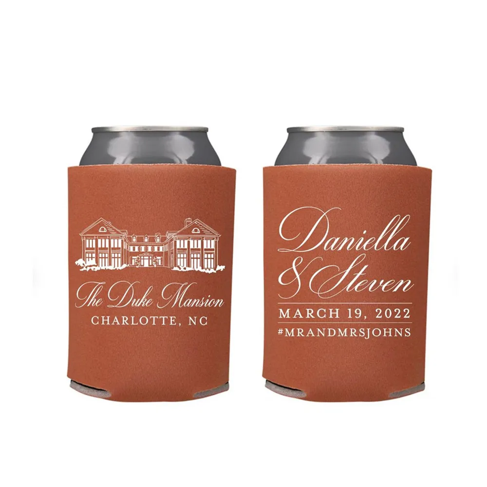 

Custom Venue Illustration - Wedding Can Cooler #189R - Wedding Favors, Beverage Holder, Wedding Favor, Can Holder, Can Insulator