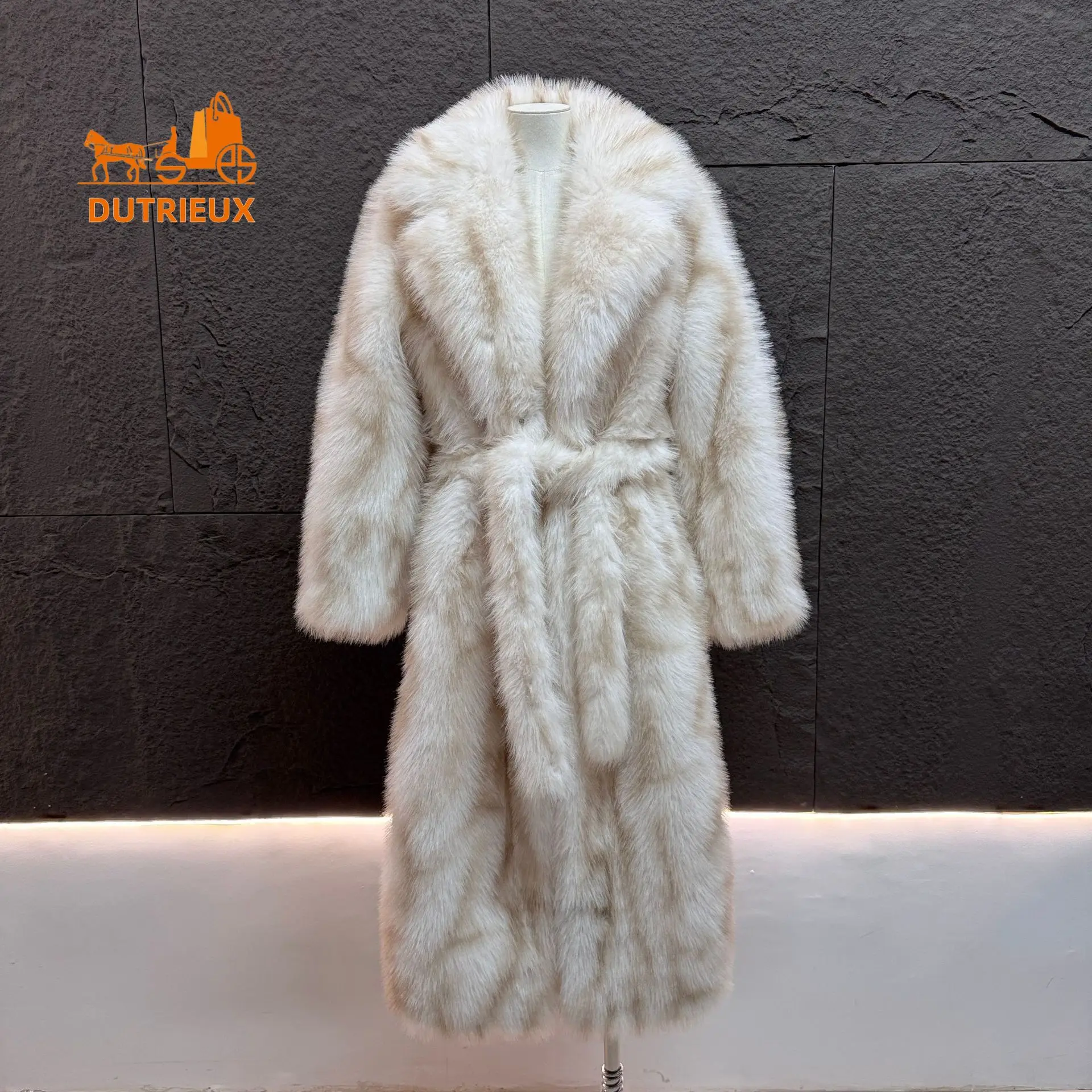 معطف فرو طويل للنساء شتوي سميك لعام 2025، ياقة فرو كاملة من جلد الغزال 100%، سترة دافئة برباط للعطلات للنساء