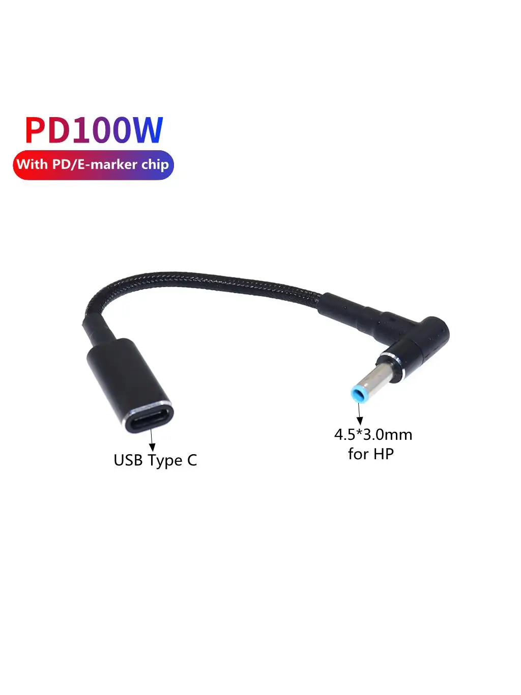 Convertisseur de prise de Type C à 4.5x3.0mm, 100W USB C PD, câble de charge rapide pour chargeur d'ordinateur portable HP/Dell DC 4.5*3.0