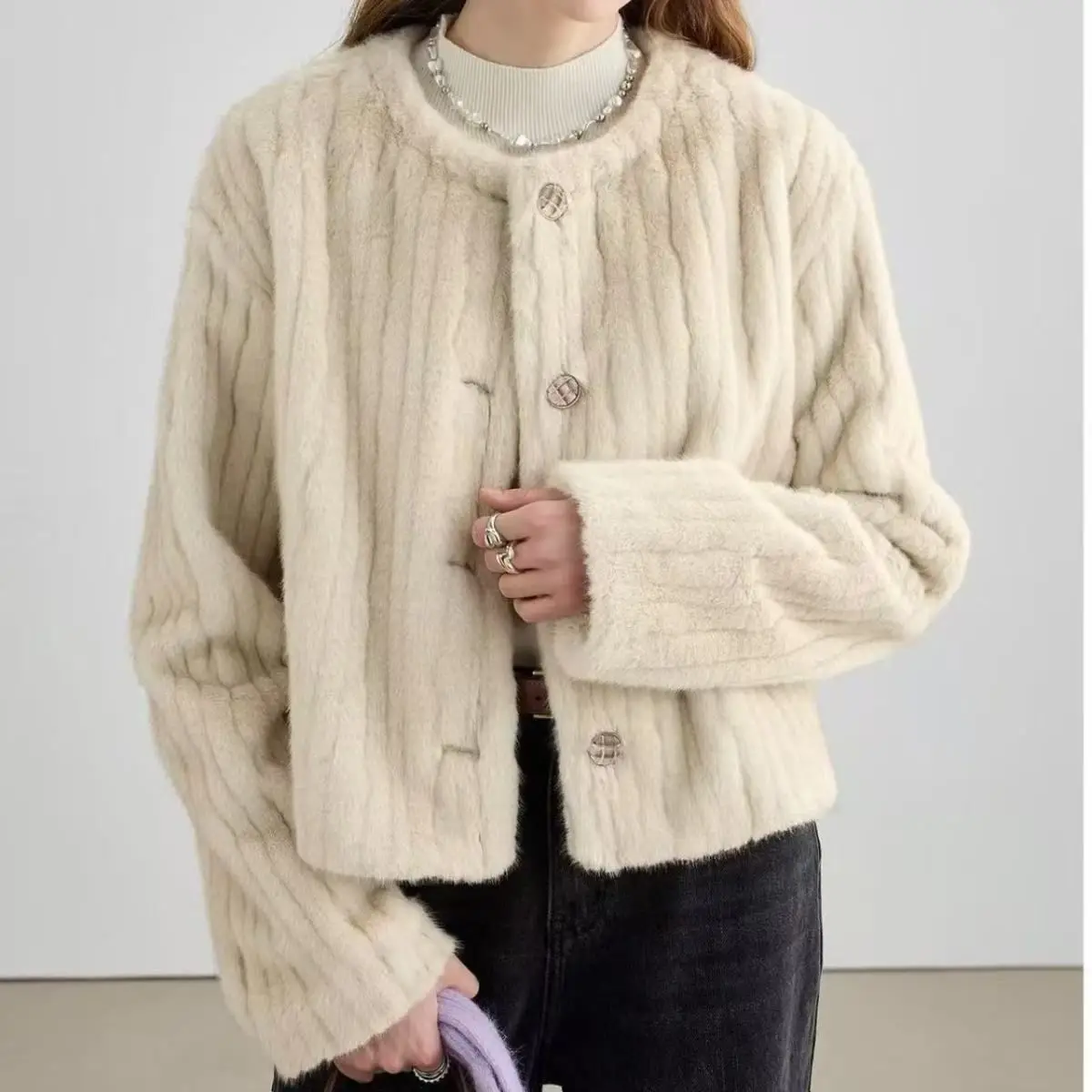 

New Eco-friendly Faux Mink Short Coat in White for Women
