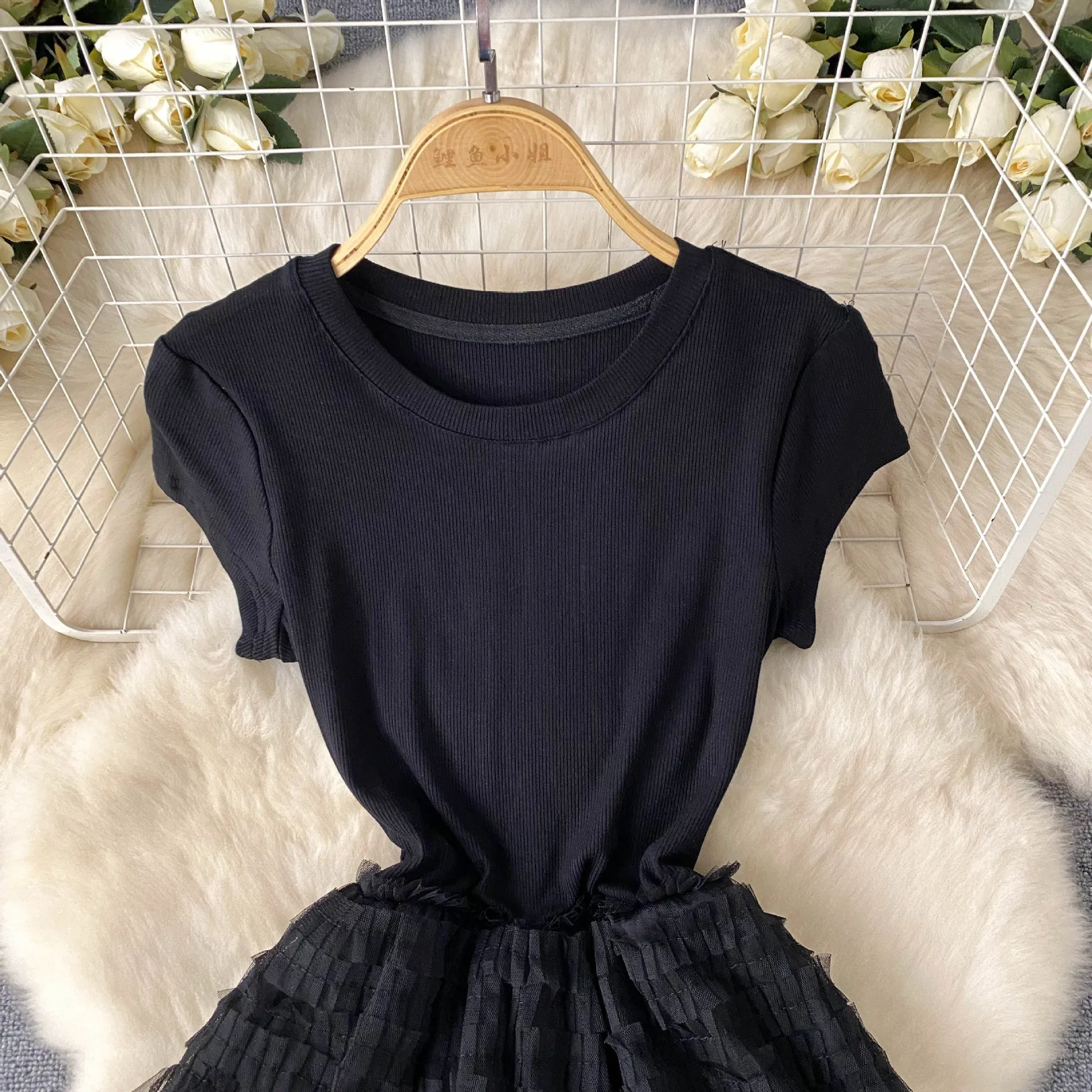 American European Style New Fashion Summer Women's Mesh Spliced Short Sleeve O-neck Dresses Casual Trendy Elegant Dresses Female