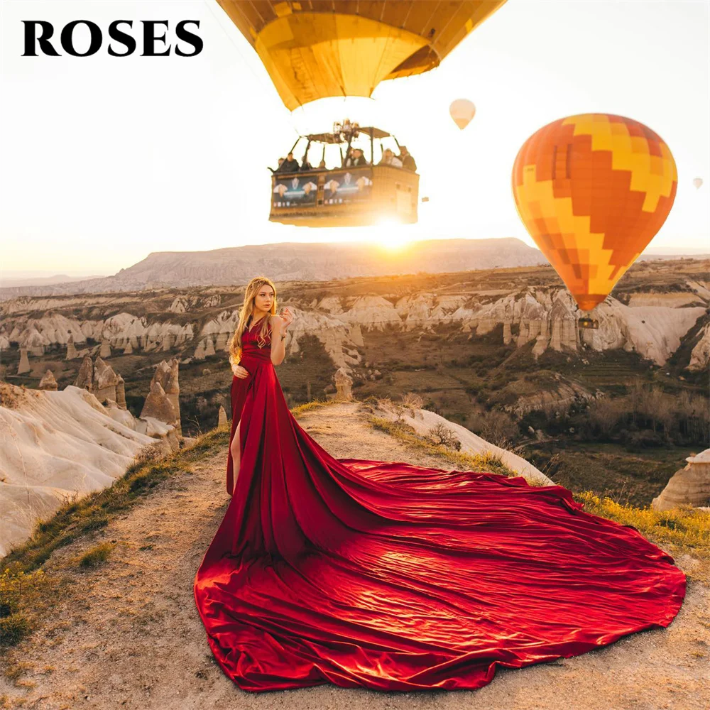 ROSES-Robe de Rhde plage bordeaux, robes de soirée douces, col licou, robe de célébrité avec longue traîne, robe de soirée de mariage personnalisée