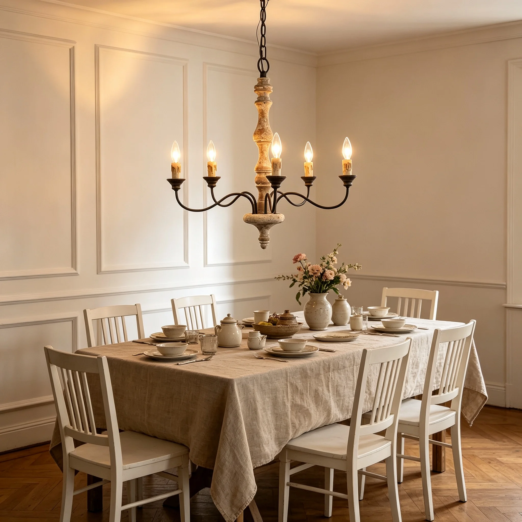 French Country 5-Light Candle Chandelier, Rustic Wood Metal E14 Pendant Light, Adjustable Lamp for Dining Living Room Bedroom