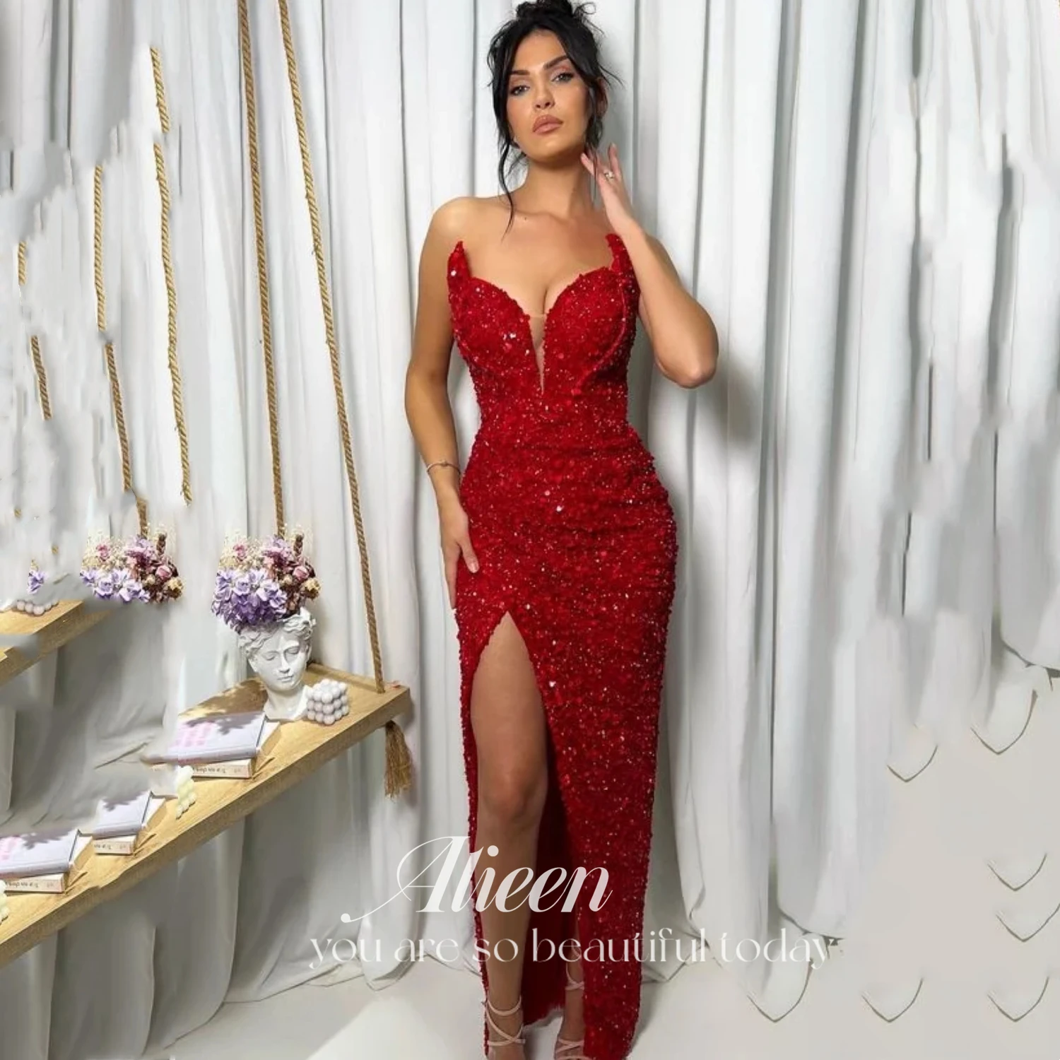 

Aileen Bead Embroidery Cocktail of Dresses for Prom Sexy Elegant Party Dresses for Women 2023 Long Dress Red Shiny Mermaid Gala