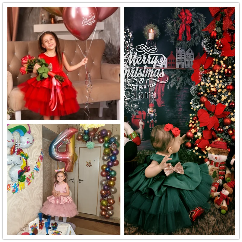 Vestidos vermelhos de Natal para crianças, arco sem costas, roupas de princesa ano novo, festa de aniversário infantil, traje de gala formal, tutu