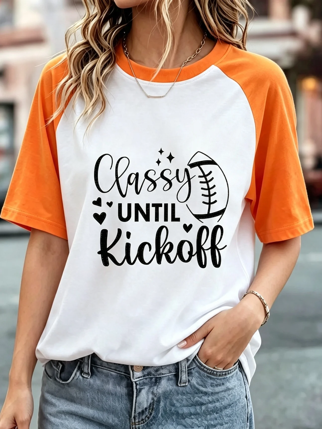 Classy Until Kickoff Letter Print Raglan T Shirts, Women Football Heart Star Graphic Color Block Contrast Short Sleeve Casual Game Day Tee