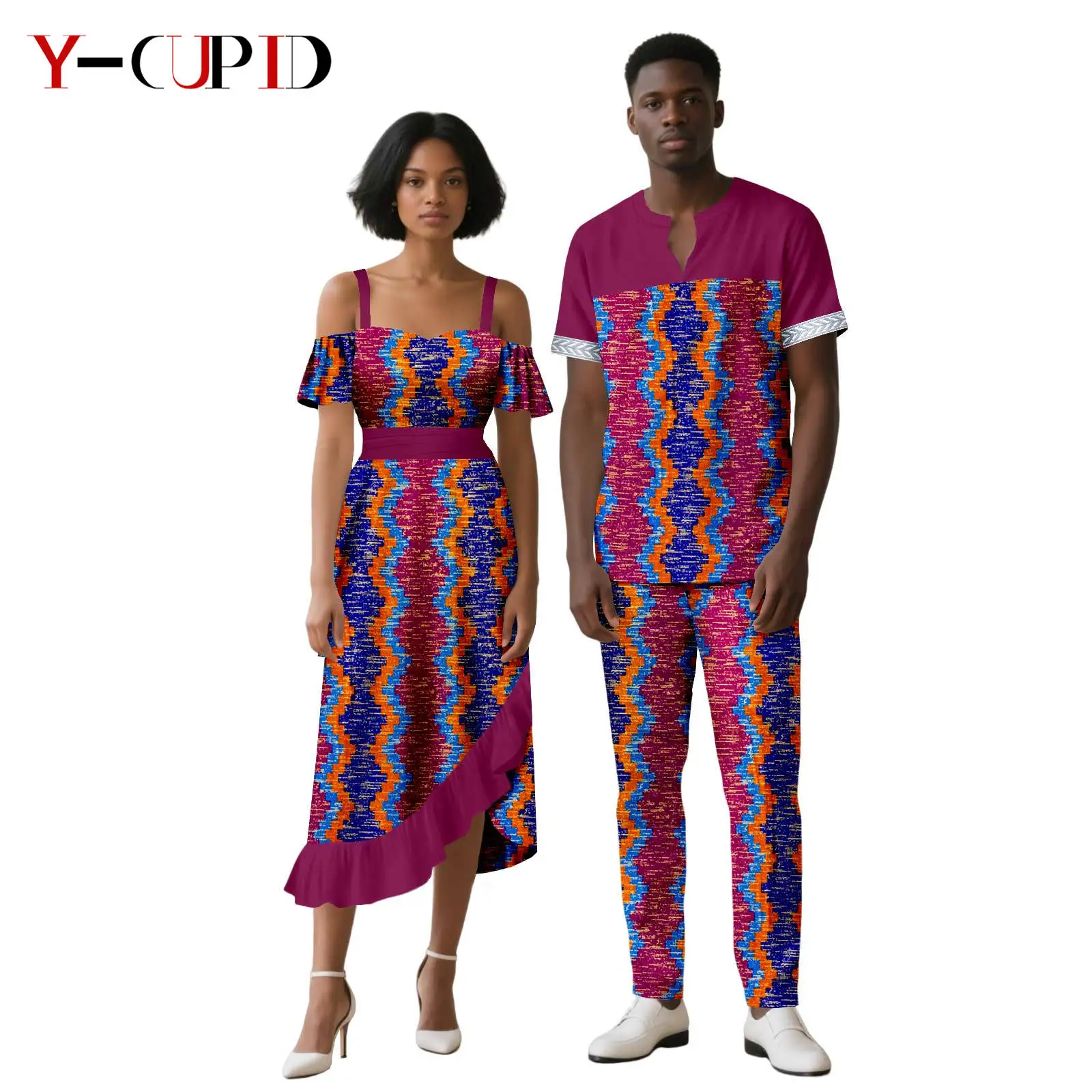 

Асимметричные платья с африканским принтом и оборками для женщин, одинаковая одежда для пар, мужская одежда, комплекты топов и брюк Dashiki 25C044