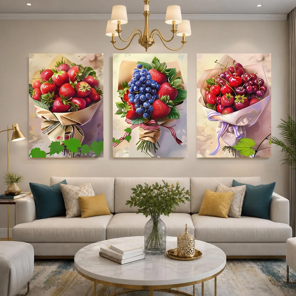 2D Flat, 2D Flat, 3pcs Modern Fruit Bouquet Wall Art, Strawberry Blueberry Cherry Floral Home Decor, Frameless Print for Livi