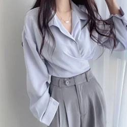 Women's Chiffon Shirt Back Bowknot Design Sweet And Spicy Slim Fitting Crop Top Short Style Chic Solid Color Long-sleeved