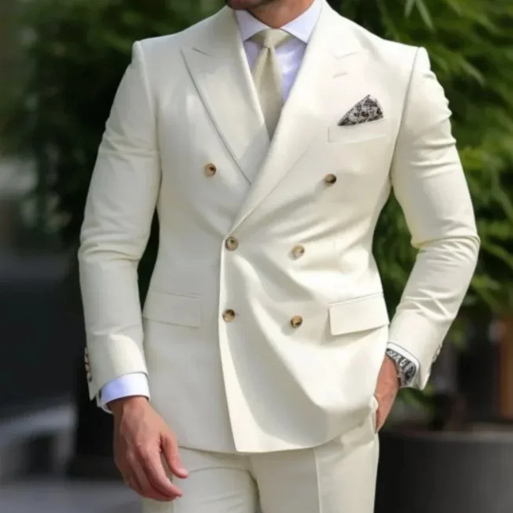 

2025 модный мужской костюм, двубортный приталенный деловой костюм для работы, комплект из 2 предметов (куртка + брюки)