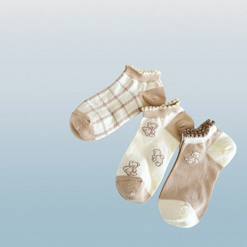 Chaussettes en dentelle de forêt pour femmes, bouche peu profonde, confortables, décontractées, fines, mignonnes, douces, style café, respirantes, ours, été, 5/10 paires