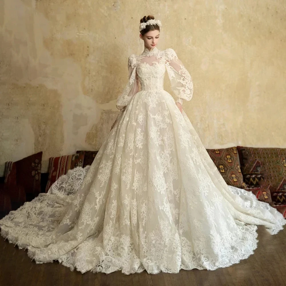 Elegant Princess Boho Wedding Dresses For Women High Collar Long Sleeve Customized Lace Appliques Bridal Gown Ball Gown2024