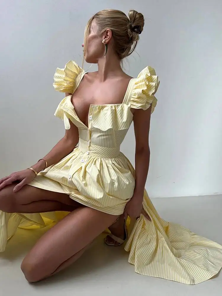 우아한 블루 스트라이프 프릴 버튼 롱 드레스 여성 스퀘어 넥 민소매 여성 드레스 여름 해변 파티 레이디 가운 ZBR8