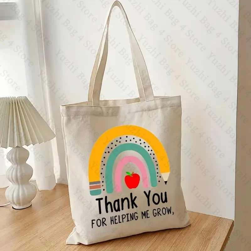 Thank You Helping Me Grow bolso de compras con patrón de arcoíris, bolsos de hombro de lona, bolso de mano de almacenamiento plegable reutilizable, regalo para profesores