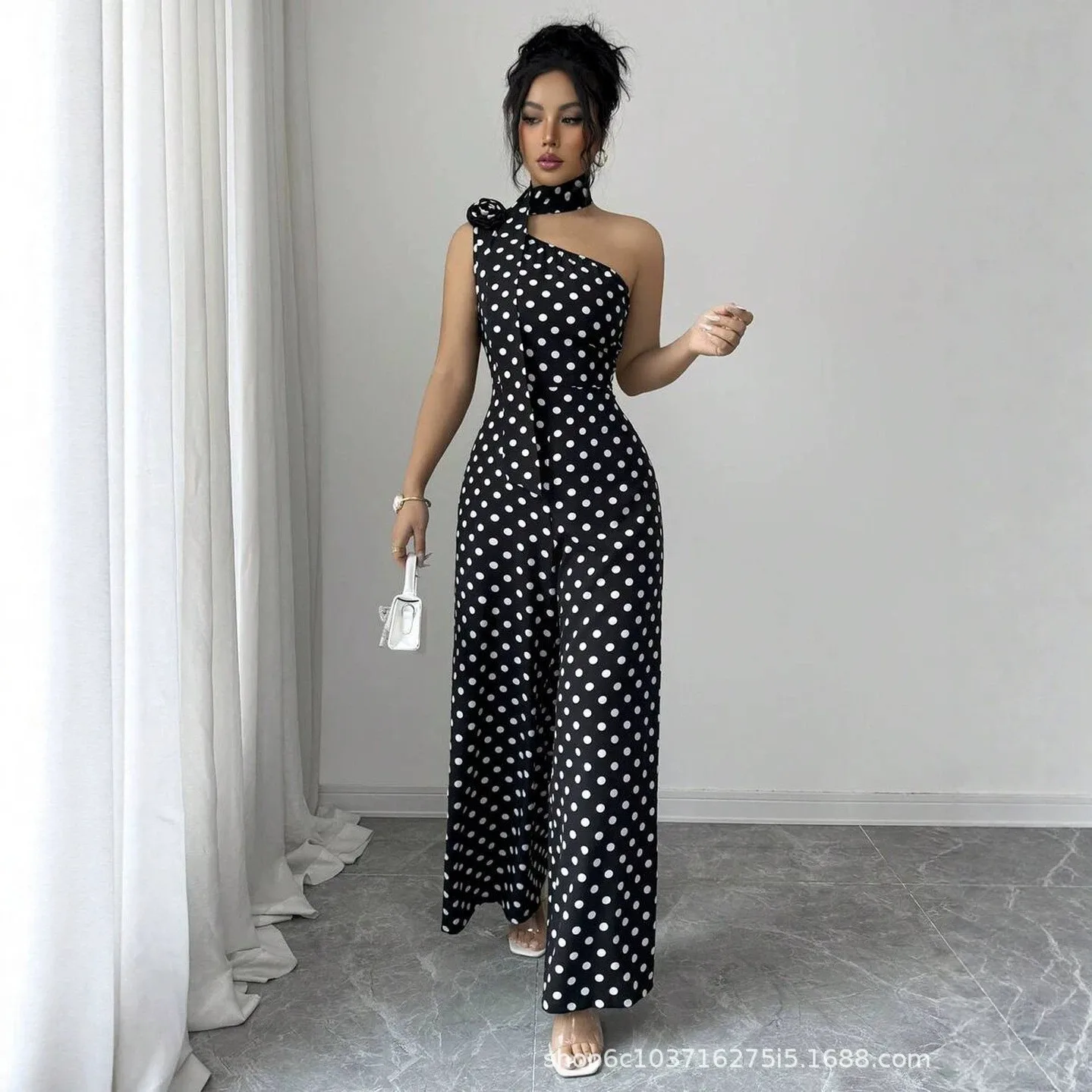 

Women's Summer Jumpsuit Polka Dot Print Romper Sleeveless High Waist Long Jumpsuit Maxi Wide Leg Jumpsuit Overalls Women