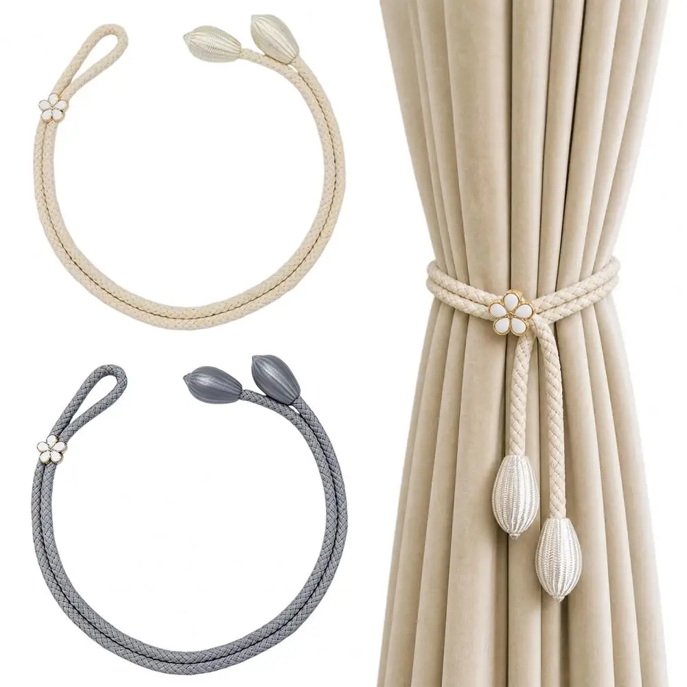 No Drill Curtain Ties 2pcs Adjustable Curtain Tiebacks with Flower Slides Boho Charm Curtain Holder Ropes Decorative for Bedroom