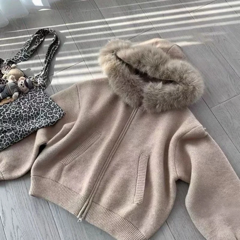 

Y2k Корейская куртка с капюшоном и воротником из искусственного меха с длинным рукавом, женская повседневная куртка на молнии, однотонное винтажное пальто, уличная одежда, осень 2023 г.