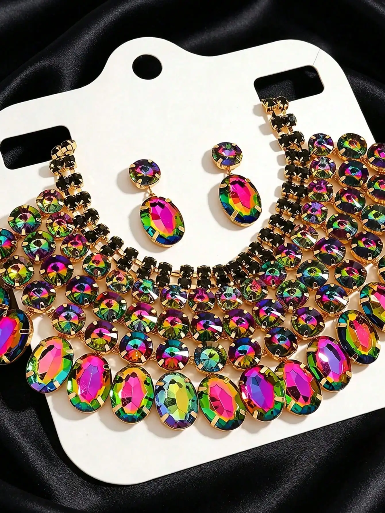 Luxuriöses, übergroßes Statement-Schmuckset für Damen, übertriebene Regenbogen-Halskette und Ohrringe im Set für Party, Abschlussball, Hochzeit – Detail 4