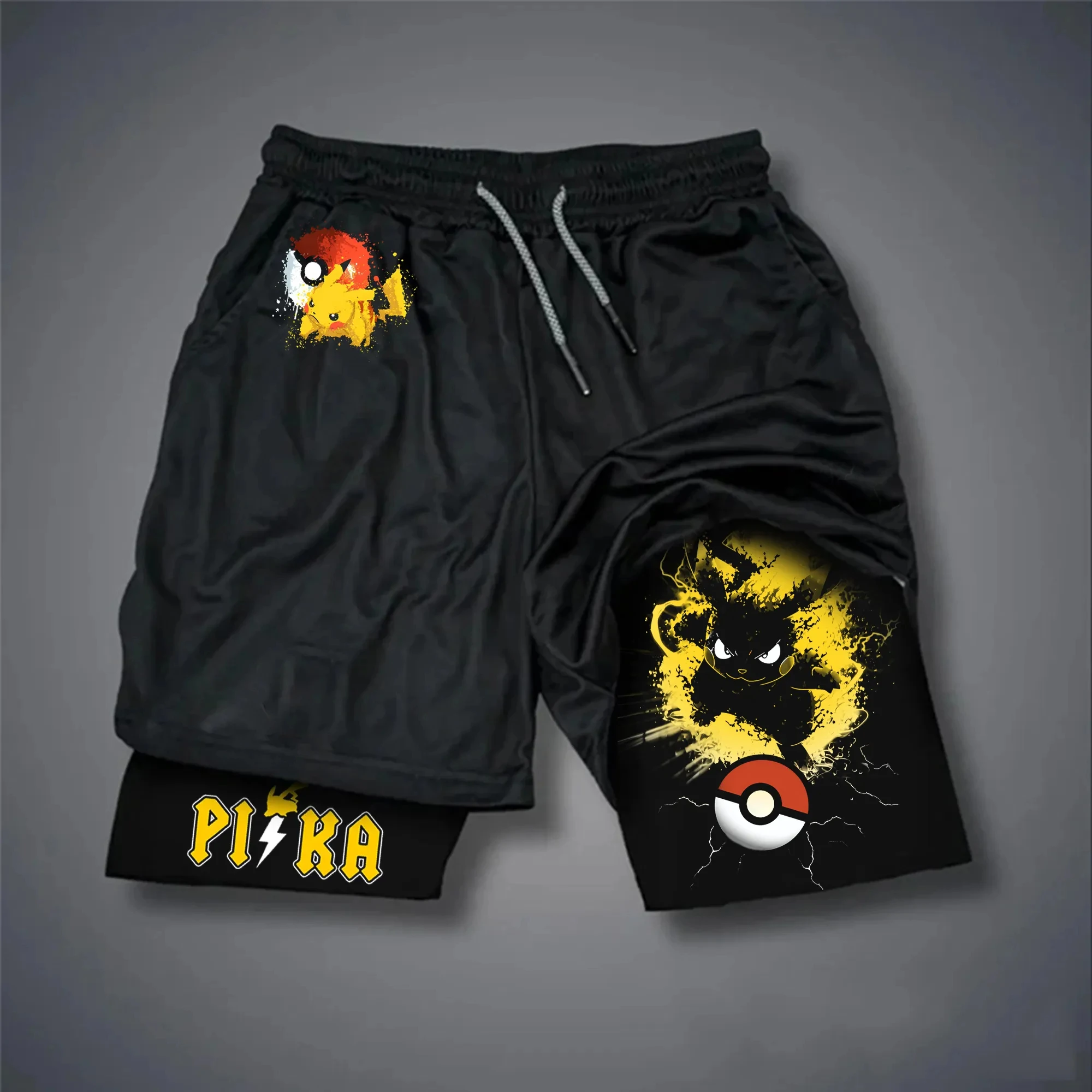 Pokémon Animation Derivatives Men's Fake Two Shorts Streetwear Pikachu Print GYM Sports Men's 2025 Summer Fashion Street Shorts