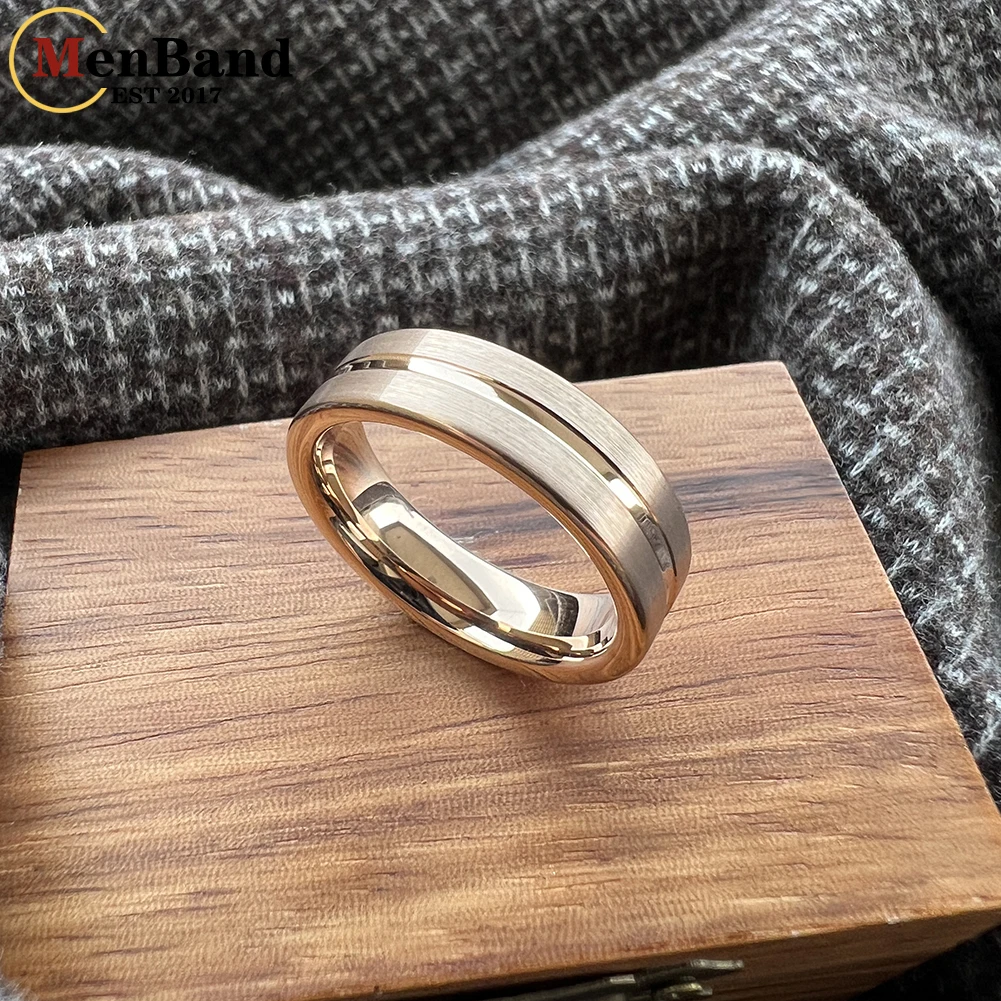 MenBand 6mm Wedding Engagement Gold Tungsten Ring Flat Brushed Polishing Center Groove Comfortable Fit