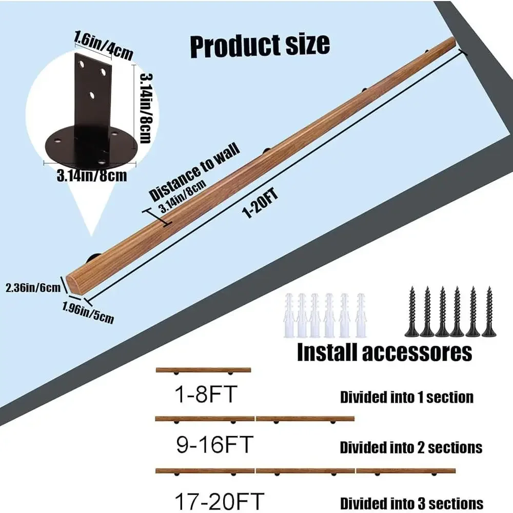 Wooden Handrails Non-Slip Staircase Handrail Complete Kit with Metal Bracket Safety Anti-Slip Indoor Elderly Support Rail