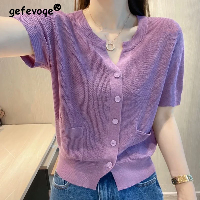 Women Stylish V Neck Short Sleeve Single Breasted Ice Silk Knitted Cardigan 2024 Summer Casual Solid Pocket Loose Chic Knitwears