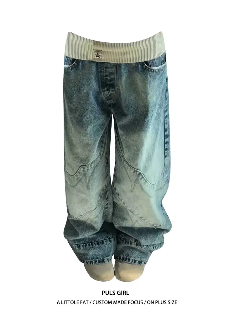 

Retro American Large Size Denim Jeans High Waist Patchwork Washed Wide Leg Pants Women's Casual High Waist Knife Jeans