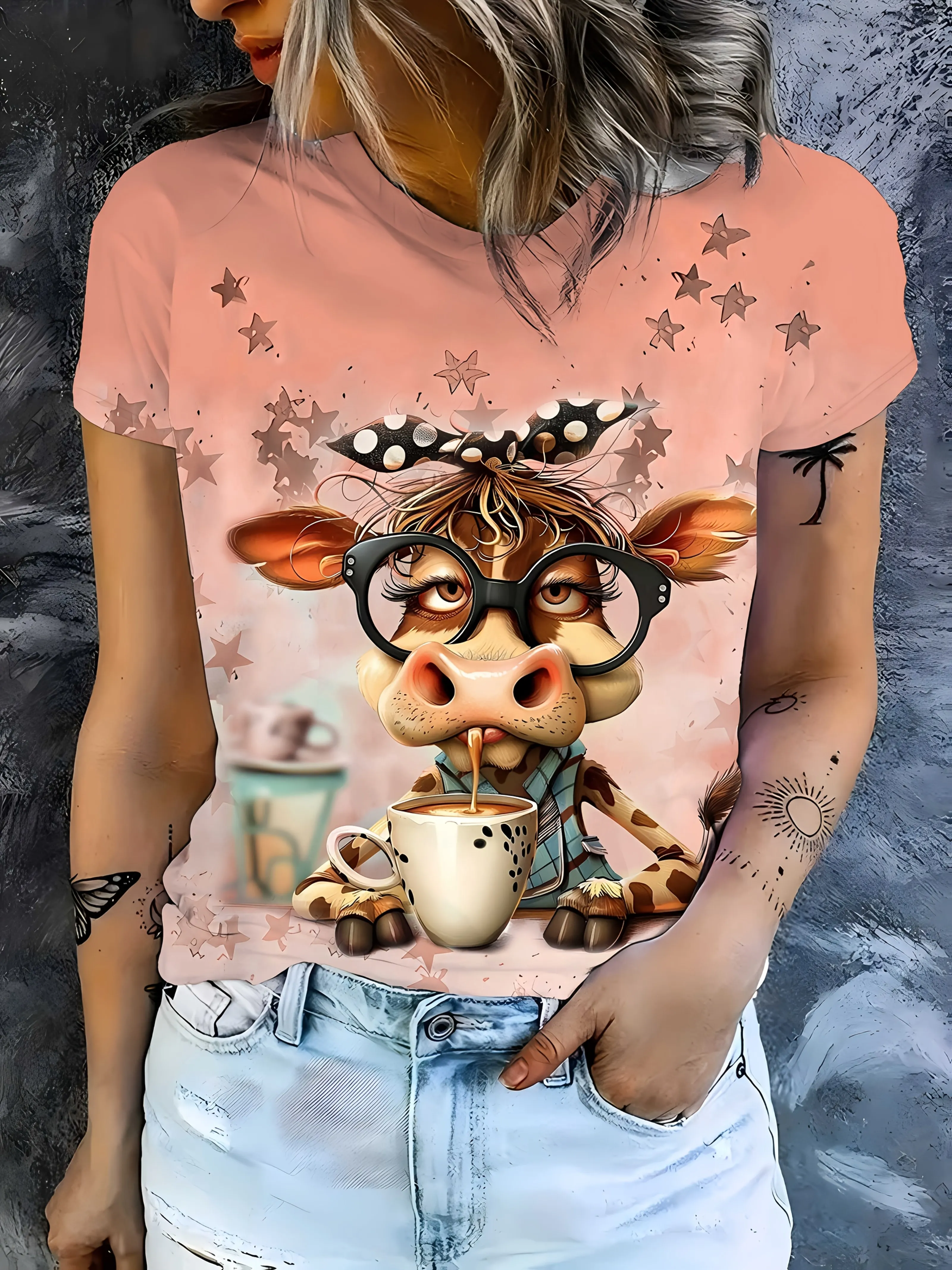 Women's Tee - Cute Coffee Cow & Star Graphic, Playful Cartoon Animal Design for Casual Daily Wear